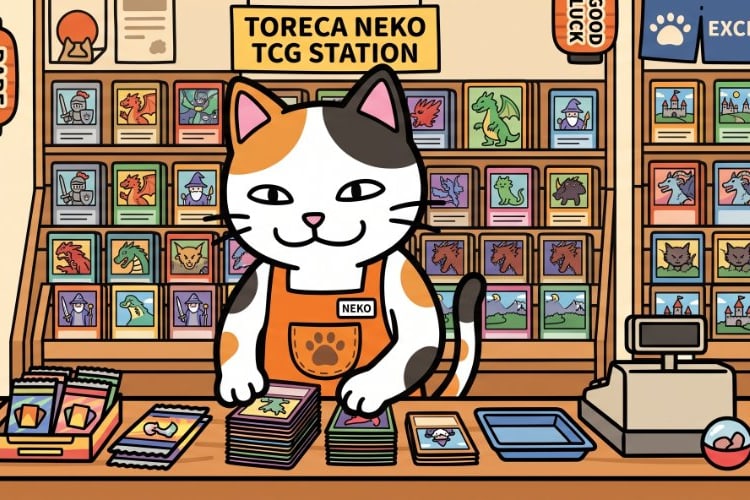トレカネコの店構え。三毛店長がカードの並ぶ棚の前でトレカを整理している。